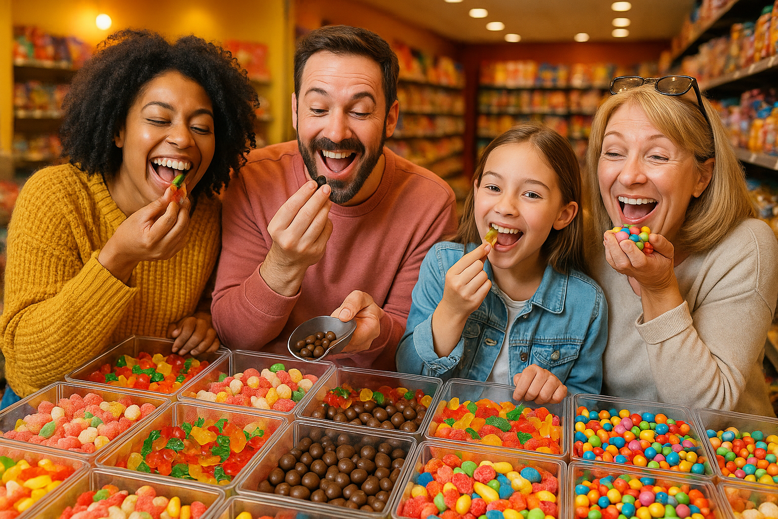 Happy People Eating Swedish Candy In The Candystore